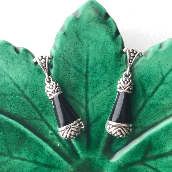 Sterling Black Onyx Silver Dangle Earrings - Picture 5 of 5